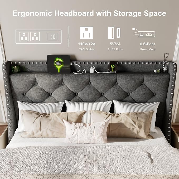 Feonase Full Size Bed Frame with Luxury Wingback and Fast Charging Station,Full Upholstered Button Tufted Storage Headboard Platform Bed,Sturdy Wooden Slats Support,Noise-Free, Easy Assembly,Dark Gray