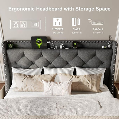Feonase Full Size Bed Frame with Luxury Wingback and Fast Charging Station,Full Upholstered Button Tufted Storage Headboard Platform Bed,Sturdy Wooden Slats Support,Noise-Free, Easy Assembly,Dark Gray
