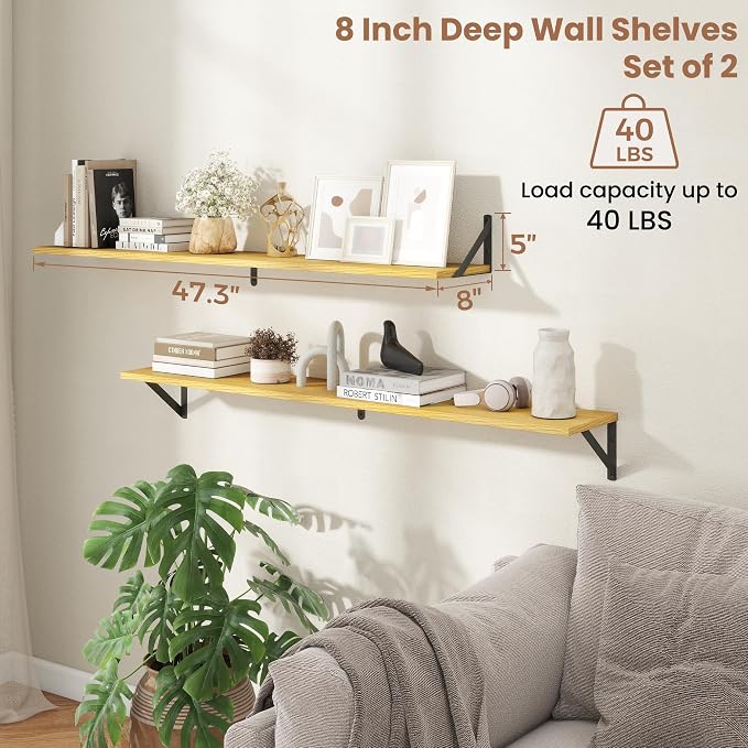 Axeman 48'' x 8'' Oak Floating Shelves for Wall with Brackets Set of 2 | 48 Inch Oak Book Shelf for Living Room Bedroom, Includes Mounting Hardware, Holds up to 45Lbs