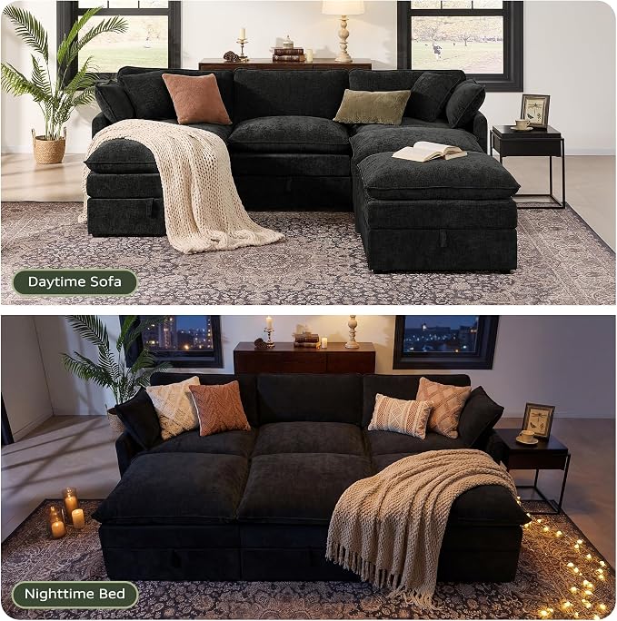 Ihanherry Oversized Sectional Sofa Bed with Storage, 103” 6-Seater Modular Cloud Couch with Movable Ottomans, Chenille Deep Seat Sleeper Couches for Living Room (Black)