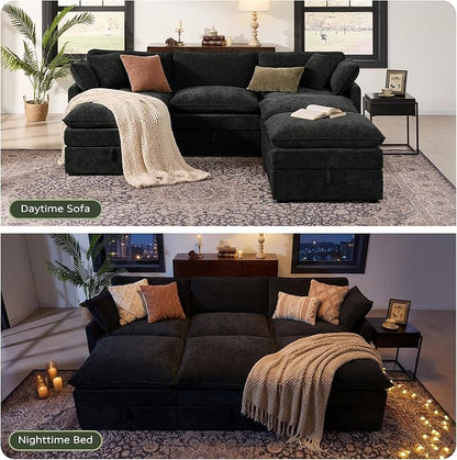 Ihanherry Oversized Sectional Sofa Bed with Storage, 103” 6-Seater Modular Cloud Couch with Movable Ottomans, Chenille Deep Seat Sleeper Couches for Living Room (Black)
