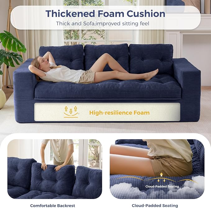 MAXYOYO 79" Loveseat Sofa Couch for Small Spaces, Upholstered Boneless Cloud Couch for Apartment Bedroom, 3-Seater Love Seat Floor Modern Sofa with Pillows, No Assembly Required, Navy