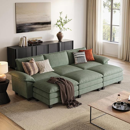 LINSY HOME 123'' Modular Sectional Sofa 3 Seat Couch Corduroy Cloud Couch with Deep Seat, Modern Cloud Couch with 3 Movable Ottoman for Living Room, Office, Bedroom, Green
