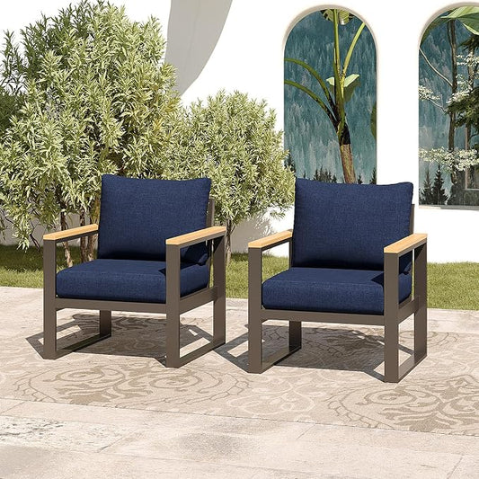 Sundale Outdoor 2 Pieces Patio Aluminum Armchairs, All-Weather Outdoor Furniture with 6” Olefin Cushion & Wide Armrest, Outdoor Chairs or Garden Deck Porch (Navy Blue)