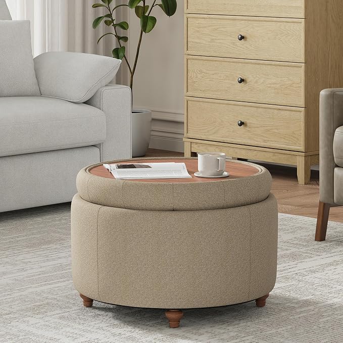 25Inch Round Ottoman with Storage, Tufted Fabric Modern Circle Ottoman with Reversible Tray Lid and Wood Legs, Multi-Functional Small Coffee Table for Living Room, Bedroom, Coffee