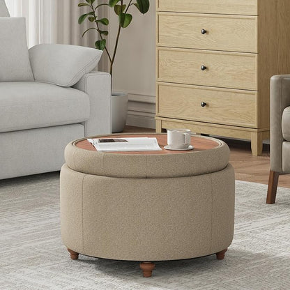 25Inch Round Ottoman with Storage, Tufted Fabric Modern Circle Ottoman with Reversible Tray Lid and Wood Legs, Multi-Functional Small Coffee Table for Living Room, Bedroom, Coffee