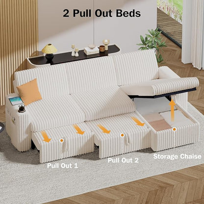 Sunny Heart 101" Plush Corduroy L Shaped Sectional Sleeper Sofa Bed with Pull Out Bed, Reclining Backrest, Reversible Storage Chaise, USB Ports, Cup Holders, Tool Free Assembly, Beige
