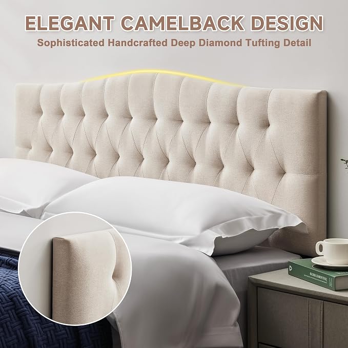 Tufted Upholstered Queen Size Headboard Only, Adjustable 38-50 in, Beige | Queen Headboard for Queen Size Bed, Durable Linen Fabric Headboards, Modern Diamon Design Wood Head Board