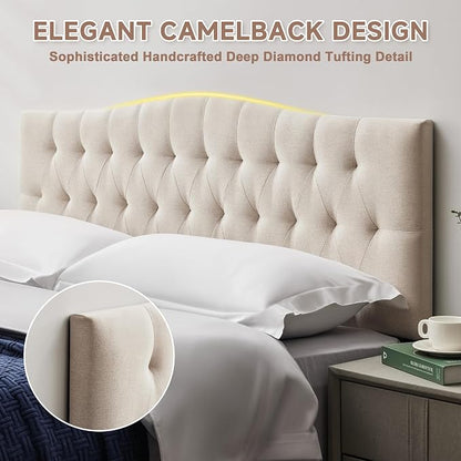 Tufted Upholstered Queen Size Headboard Only, Adjustable 38-50 in, Beige | Queen Headboard for Queen Size Bed, Durable Linen Fabric Headboards, Modern Diamon Design Wood Head Board