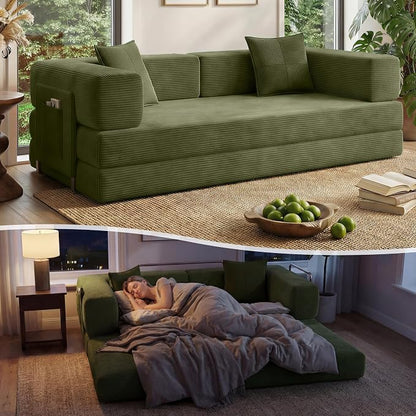 78.8" Convertible Sofa Bed with Armrest Pillow, 4-in-1 Sleeper Couch Bed for Livingroom, Modular Corduroy Boneless couches, No Assembly (Green)