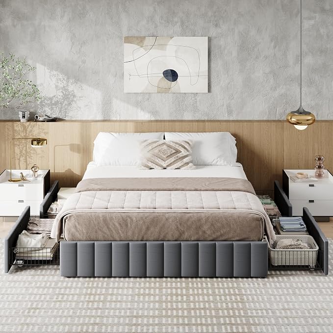 Allewie Queen Size Platform Bed Frame with 4 Large Storage Drawers, Velvet Vertical Channel Tufted Upholstered Bed Base, Wooden Slats Support, Noise-Free, No Box Spring Needed, Easy Assembly, Grey