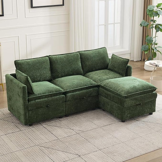 80" Cloud Modular 3 Seater Sofa with Storage Ottoman, Modern Upholstered Storage Sofa Couch Deep Seat, L Shape Sectional Sofa Chenille Comfy Couch with Armrests for Living Room, Small Space, Green