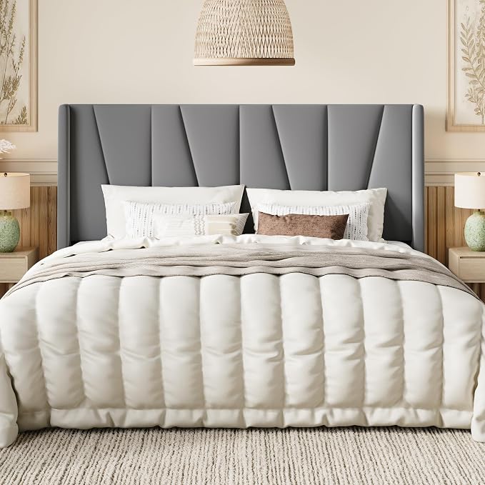 SHA CERLIN King Size Velvet Bed Frame with Geometric Wingback Headboard, Upholstered Platform Bed with Wooden Slats Support, 8" Under-Bed Space, No Box Spring Needed, Easy Assembly Light Grey