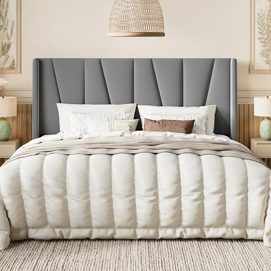 SHA CERLIN King Size Velvet Bed Frame with Geometric Wingback Headboard, Upholstered Platform Bed with Wooden Slats Support, 8" Under-Bed Space, No Box Spring Needed, Easy Assembly Light Grey