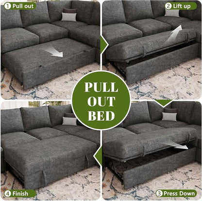 85 Inch Modular Sectional Sofa with Pull Out Bed,L Shaped 5 Seat Sectional Sleeper Sofa with Storage,Sectional Couches for Living Room,Cloud Modular Couch,Removable Sofa Cover, Dark Grey