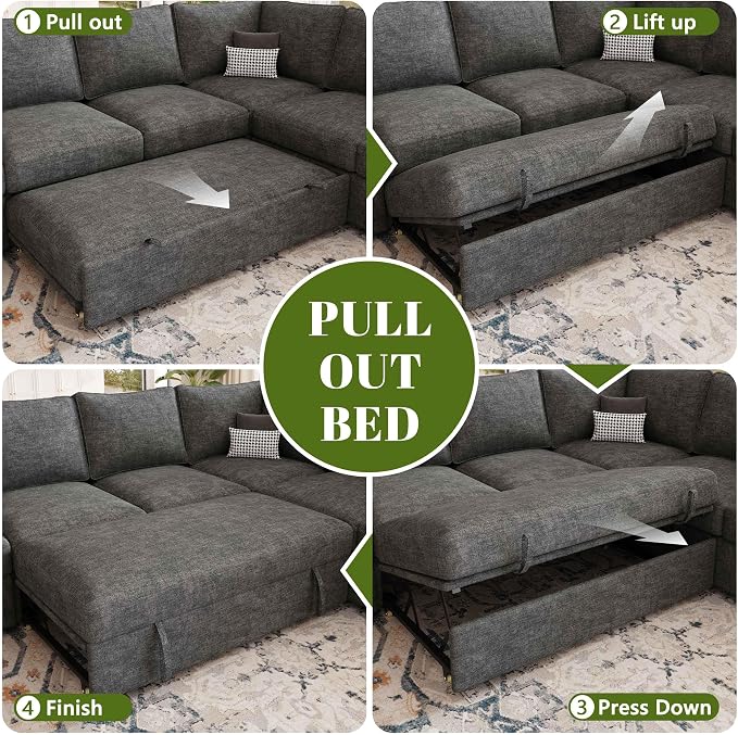 108 Inch Sectional Sleeper Sofa with Pull Out Bed, U Shaped 7 Seat Modular Sectional Sofa with Storage, Sectional Couches for Living Room, Cloud Modular Couch,Removable Sofa Cover, Dark Grey