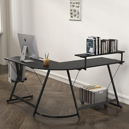 SHW 51 x 51 Inches Vista L-Shaped Desk with Monitor Stand and Drawer, Black