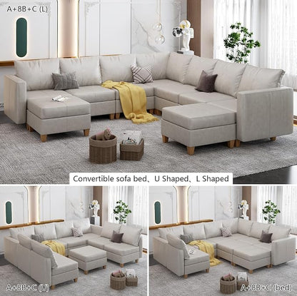 EASE MOOSE Leather Sectional Couch Sofa with Storage,Faux Leather Modualr Sectional Sofa Brown U Shaped Modular Couch,Whitesand
