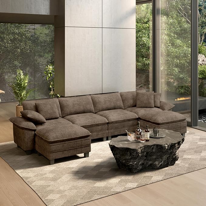 HERA'S HOUSE 158" Oversized Modular Sectional Sofa, Comfy U Shaped Couches for Living Room, Cloud Couch with Ottoman, 6-Seater Deep Seat Sofa with Throw Pillow, Chenille Grayish Brown