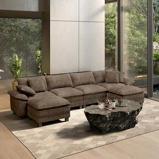 HERA'S HOUSE 158" Oversized Modular Sectional Sofa, Comfy U Shaped Couches for Living Room, Cloud Couch with Ottoman, 6-Seater Deep Seat Sofa with Throw Pillow, Chenille Grayish Brown
