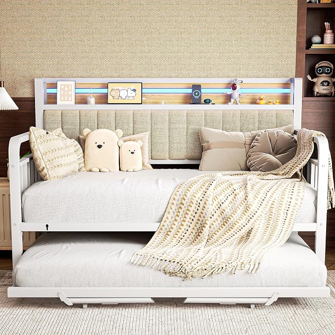 Daybed with Trundle and LED Light, Heavy Duty Metal Twin Bed Frame with Upholstered Storage Headboard & Charging Station, Day Bed Pop Up Trundle Bed Twin for Living Room,Bedroom and Guest Room, White