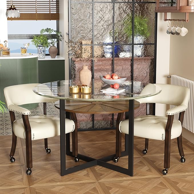 LEEMTORIG Set of 2 Dining Chairs with Casters and Arm, Large Rolling Dining Chairs with Wheel, Solid Wood Game Poker Table Chair, 26" D x 25.2" W x 31.5" H, Espresso Legs & Beige PU, XXY-1910-BG