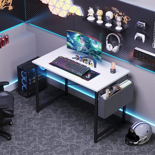 OLIXIS Computer Desk, 44 Inch Home Office Desks for Small Spaces, Writing Craft Study Gaming Table for Bedroom, Modern Computer Workstation with Storage Bag, White