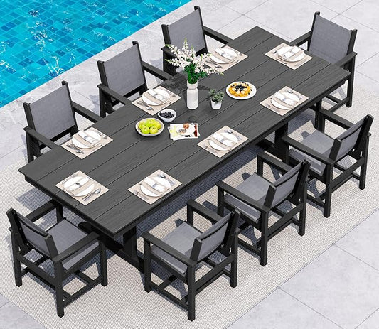 SERWALL 9 Piece 84" HDPE Outdoor Dining Set for 8 with Textilene Chairs and Umbrella Hole, Black/Gray