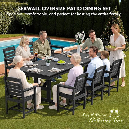 SERWALL 9 Piece 84" HDPE Outdoor Dining Set for 8 with Armchairs and Umbrella Hole, Black