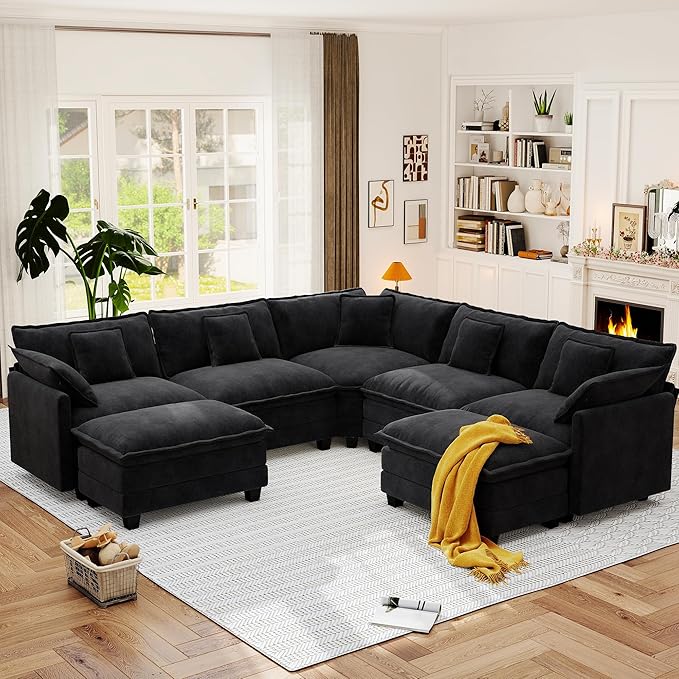 113.8" Modular Sectional Sofa,Cloud Couch for Living Room,Modern Deep Seat Sofa 5 Seater Chenille Fabric Comfy L Shaped Couches with Throw Pillows & Movable Ottoman for Apartment