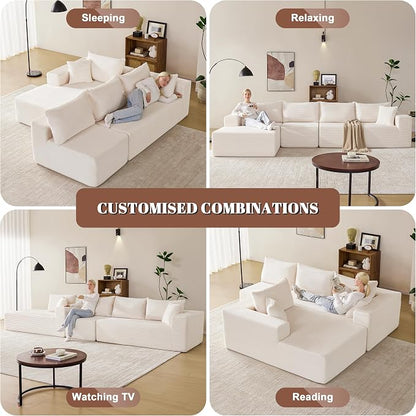 Mangodan 140” Cloud Sectional Couch, Modular Sectional Sofa with Deep Seat, Boneless Sofa for Living Room, Fluffy Comfy L-Shaped Couch with Left Facing Chaise, No Assembly Required, Beige