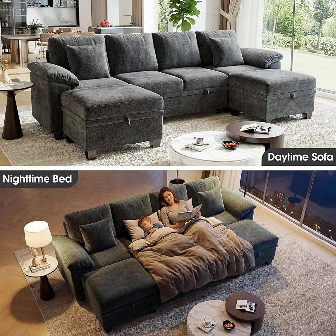 Sectional Sleeper Sofa Bed, 107.8" U Shaped 6 Seat Pull Out Couch with Storage Ottoman, Convertible Cloud Couch Bed, Modular Sectional Couches for Living Room, Apartment (Gray)