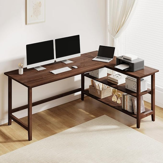 IOTXY Reversible L-Shaped Office Desk - 63" Extra Large Corner Computer Table with Storage Shelves, Solid Wood Legs, Home Writing & Study Workstation, Walnut
