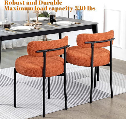 DYHOME Mid-Century Modern Dining Chairs Set of 2, Boucle Dining Chairs Upholstered with Black Metal Legs, Curved Backrest Kitchen Dining Room Chairs, Orange