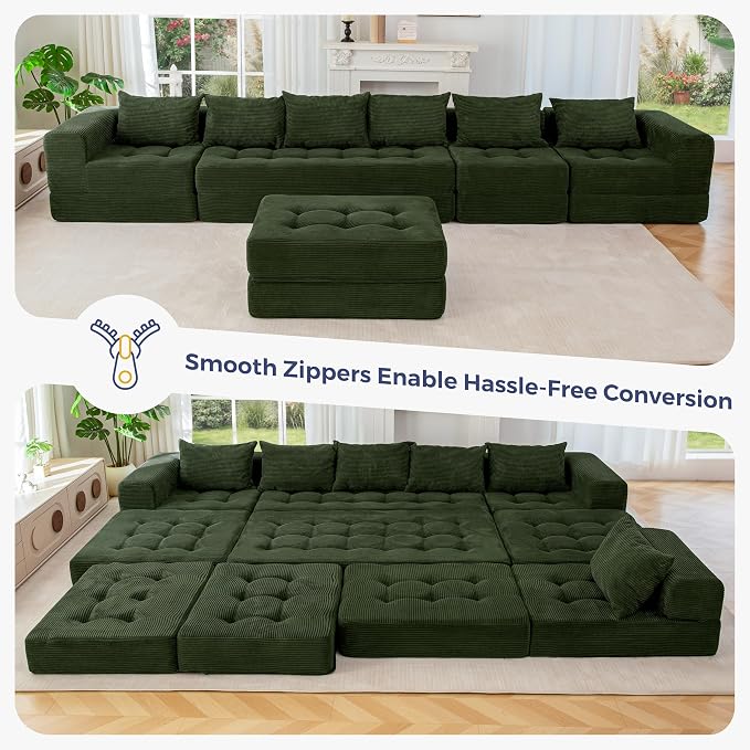MAXYOYO Modular Sectional Sofa Couch, Foldable U Shaped Cloud Couch with Pillows, Tufted 7-Seat Boneless Lounger Floor Sofa Bed for Living Room, No Assembly Required, Dark Green