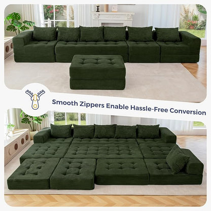 MAXYOYO Modular Sectional Sofa Couch, Foldable U Shaped Cloud Couch with Pillows, Tufted 7-Seat Boneless Lounger Floor Sofa Bed for Living Room, No Assembly Required, Dark Green