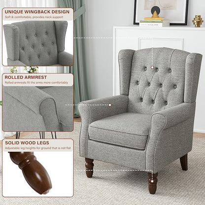 High Back Accent Chair, High Wingback Chair for Living Room, Button-Tufted Upholstered Fabric Armchair with Solid Wood Legs, Comfy Single Sofa Reading Chair for Bedroom, Light Gray