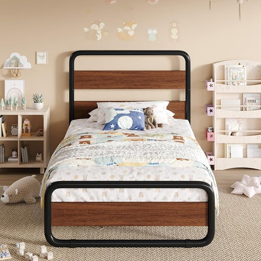 SHA CERLIN Twin Size Metal Bed Frame with Wooden Headboard and Footboard, Heavy Duty Oval-Shaped Platform Bed Frame with 10" Under-Bed Storage, Heavy Duty Slats Support, No Box Spring Needed, Walnut