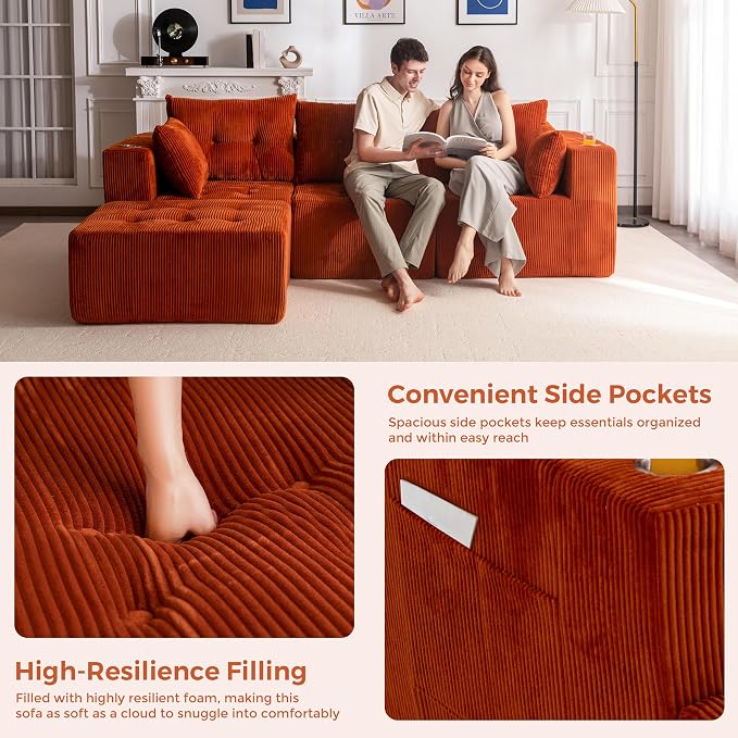 MAXYOYO Modular Sectional Sofa Couch, L Shaped Modern Cloud Couch with 1 Ottoman, Sofa in A Box, Tufted 4-Seat Boneless Chair for Living Room, No Assembly Required, Orange