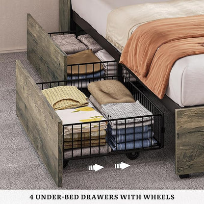YITAHOME Farmhouse Queen Size Bed with 50" Tall Storage Bookcase Headboard, Sliding Barn Door, 4 Storage Drawers, RGB LED Bed Frame w/Type-C&USB Charging Station, No Box Spring Needed, Antique Grey