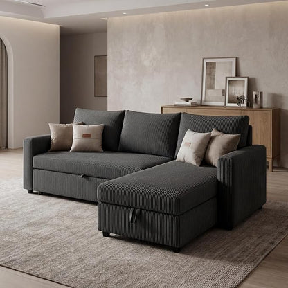 Queen Sleeper Sofa, Convertible Sofa Bed with Storage, 85 Inch Sectional Couch with Pull Out Bed, L Shaped 3 Seat Sectional Sleeper Sofa for Living Room, Apartment, Black
