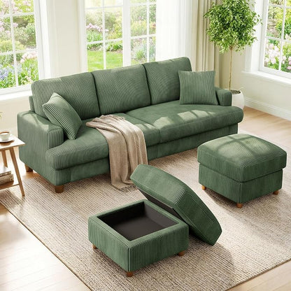 Kidirect 87in U Shaped Couch, Modular Sofa No Tool Assembly, Comfy Sectional Couches for Living Room 21in Deeper Seats, Corduroy Sofas for Living Room with 2 Pillows, Loveseat Sofa Set, Green Couch