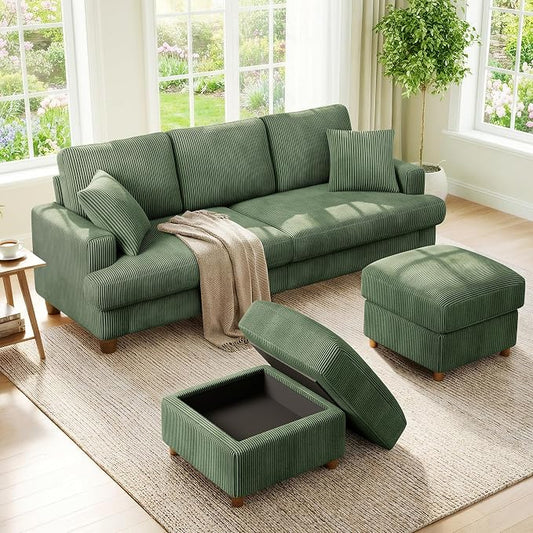 Kidirect 87in U Shaped Couch, Modular Sofa No Tool Assembly, Comfy Sectional Couches for Living Room 21in Deeper Seats, Corduroy Sofas for Living Room with 2 Pillows, Loveseat Sofa Set, Green Couch