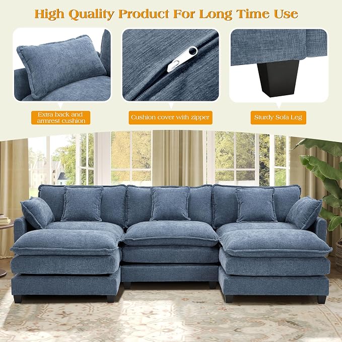 113.4" Modular Sectional Sofa,Cloud Couch for Living Room, Modern Deep Seat Sofa 3 Seater Chenille Fabric Comfy Couches with Throw Pillows & Ottoman for Apartment