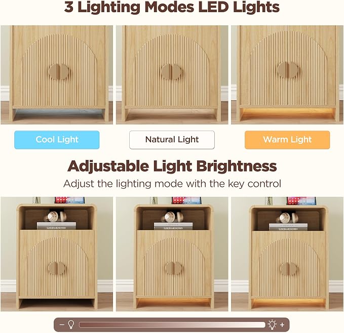 Nightstand with Charging Station and LED Lights, Night Stands with Adjustable Storage Cabinet, Modern Side Table with Fluted Doors and Open Storage, Bedside Table for Bedroom, Natural