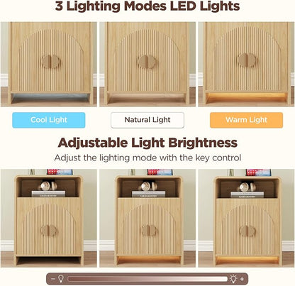 Nightstand with Charging Station and LED Lights, Night Stands with Adjustable Storage Cabinet, Modern Side Table with Fluted Doors and Open Storage, Bedside Table for Bedroom, Natural
