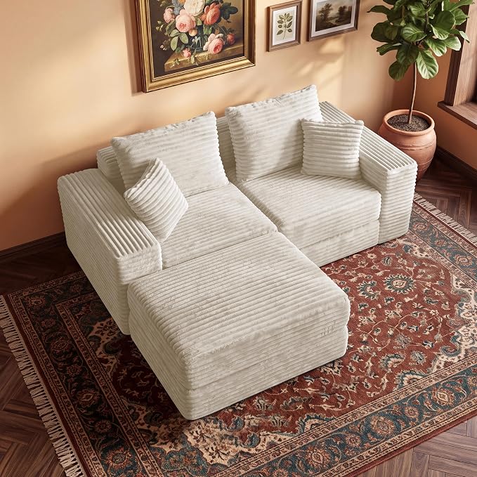 75'' L-Shaped Cloud Modular Sectional Couch with Chaise, Modern Corduroy Memory Foam Sofa Bed, Upholstered Boneless Deep Seat Fluffy Sleeper Sofa, for Living Room, No Assembly Needed (Beige)