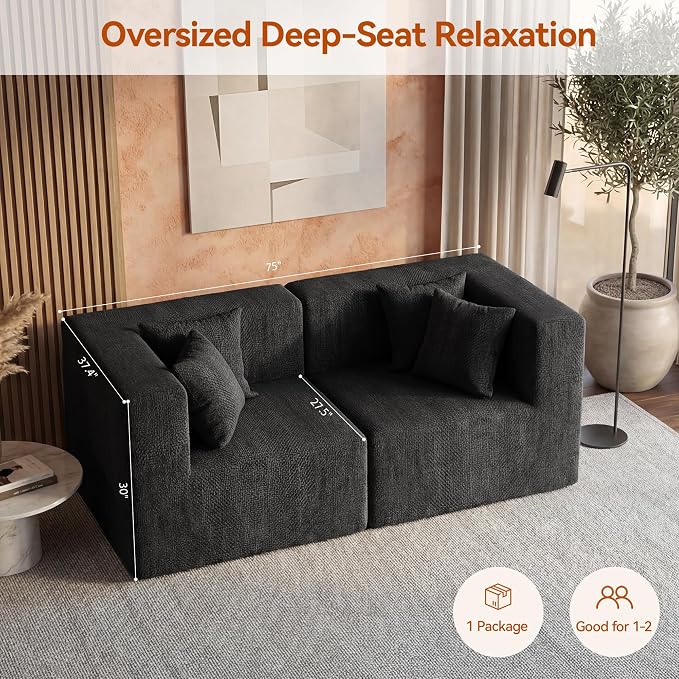 MONVANE 75" Loveseat Sofa, Comfy Chenille Modular Sectional Sofa with 4 Pillows, Modern Deep Seat Boneless Couch, 2 Seater Sofa for Living Room, Bedroom and Apartment, Black