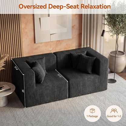 MONVANE 75" Loveseat Sofa, Comfy Chenille Modular Sectional Sofa with 4 Pillows, Modern Deep Seat Boneless Couch, 2 Seater Sofa for Living Room, Bedroom and Apartment, Black