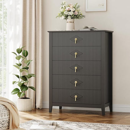 GarveeHome Fluted Dresser for Bedroom, 42.9" Tall 5-Drawer Wood Dresser, Modern Chest of Drawers, Storage Organizer Cabinet for Living Room, Hallway, Entryway, Black